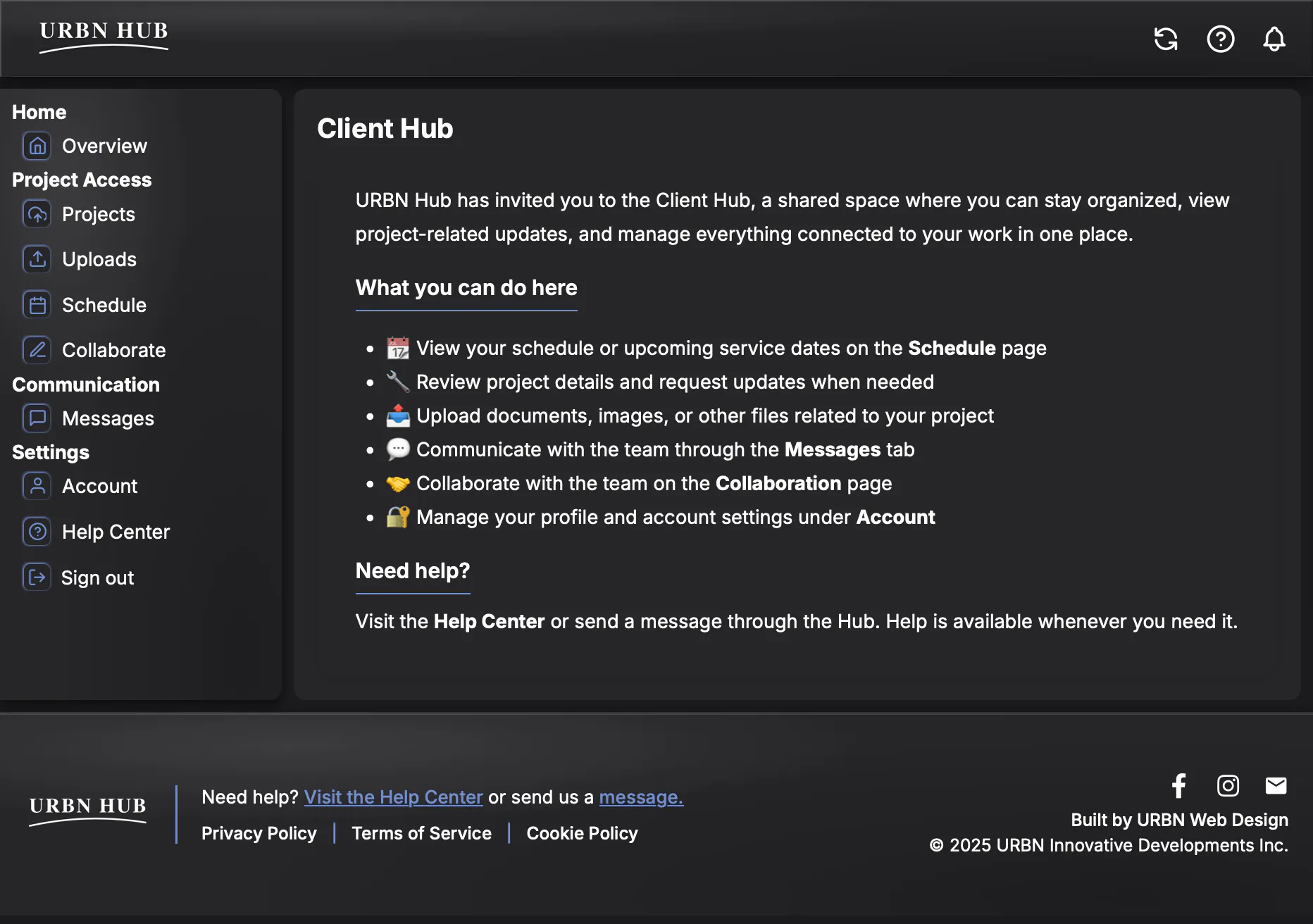 Client Hub overview page showing a shared workspace for schedules, updates, files, and communication