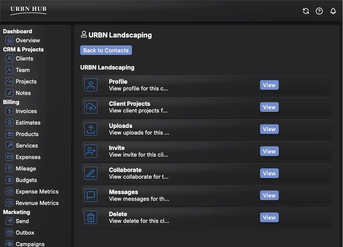 Single client view showing profile, projects, uploads, invites, collaboration, and messages