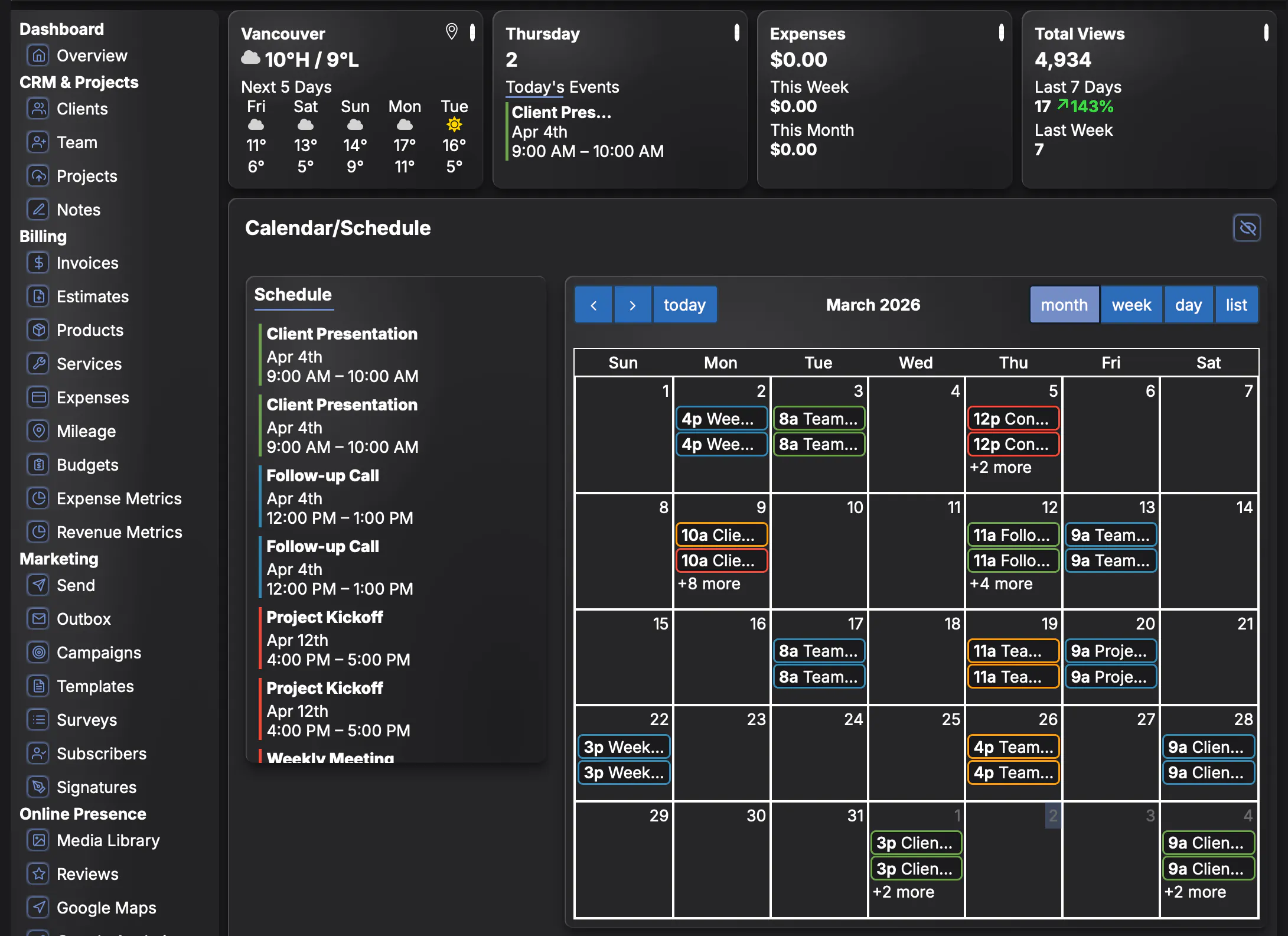 Scheduling dashboard showing shared calendar views and upcoming events